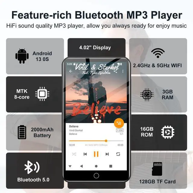 Alt view image 4 of 7 - 144GB MP3 Player with Bluetooth and WiFi, Android 13 OS MP3 & MP4 Players with 4" Touchscreen and Speaker, Spotify Music Players with Pandora, Audible, Amazon Music, Play Store