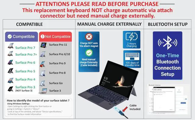 Alt view image 2 of 7 - Wireless Keyboard Type Cover Trackpad Mouse Replacement for Microsoft Surface Pro 7 Pro 6 Pro 5 Pro 4 Pro 3 Bluetooth 7-Color LED Backlit Ultra-Slim Rechargeable Battery Multi-Touch