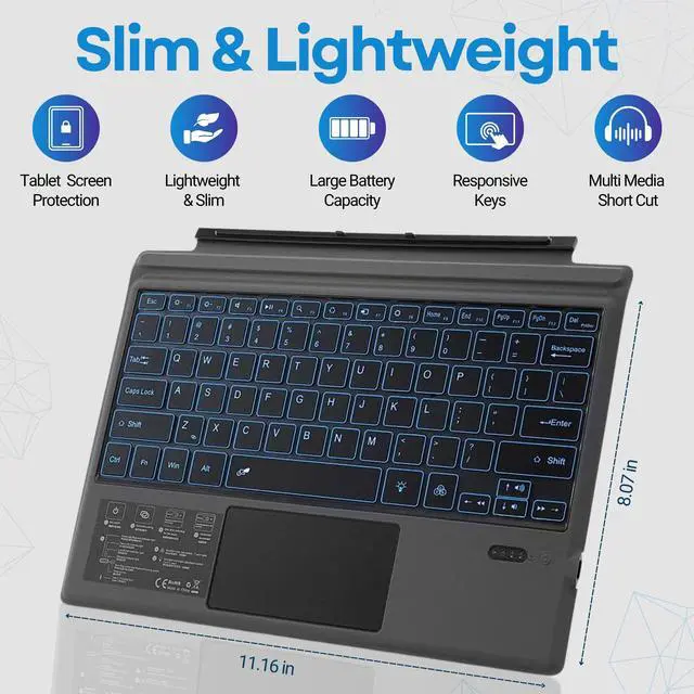 Alt view image 4 of 7 - Wireless Keyboard Type Cover Trackpad Mouse Replacement for Microsoft Surface Pro 7 Pro 6 Pro 5 Pro 4 Pro 3 Bluetooth 7-Color LED Backlit Ultra-Slim Rechargeable Battery Multi-Touch