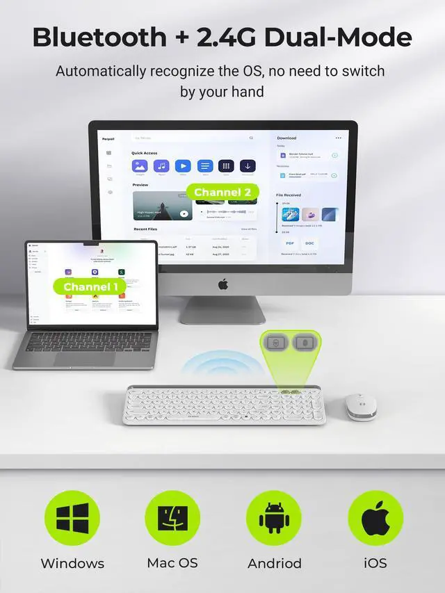 Alt view image 2 of 7 - Bluetooth Keyboard and Mouse for iPad, CTU-301 Multi-Device Bluetooth + 2.4G Wireless Keyboard Mouse with Tablet Holder for MacBook/Windows Computer, iOS/Andriod Tablet Phone, White