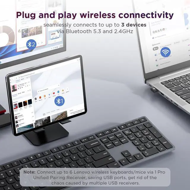 Alt view image 2 of 7 - 700 Modern Wireless Keyboard & Mouse Combo, 2.4 GHz Dongle & Dual Bluetooth Connection, AES-128 Encryption, 36 Month Battery Life, Quiet Mouse, Luna Grey