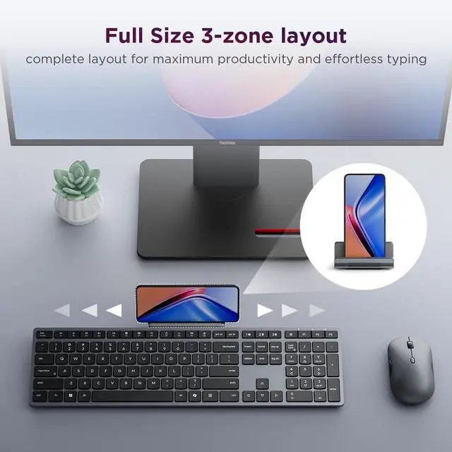 Alt view image 5 of 7 - 700 Modern Wireless Keyboard & Mouse Combo, 2.4 GHz Dongle & Dual Bluetooth Connection, AES-128 Encryption, 36 Month Battery Life, Quiet Mouse, Luna Grey