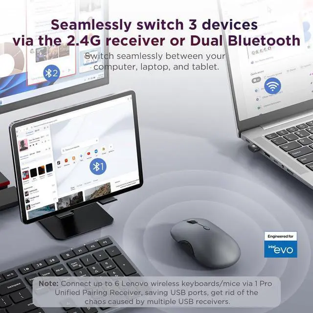 Alt view image 7 of 7 - 700 Modern Wireless Keyboard & Mouse Combo, 2.4 GHz Dongle & Dual Bluetooth Connection, AES-128 Encryption, 36 Month Battery Life, Quiet Mouse, Luna Grey