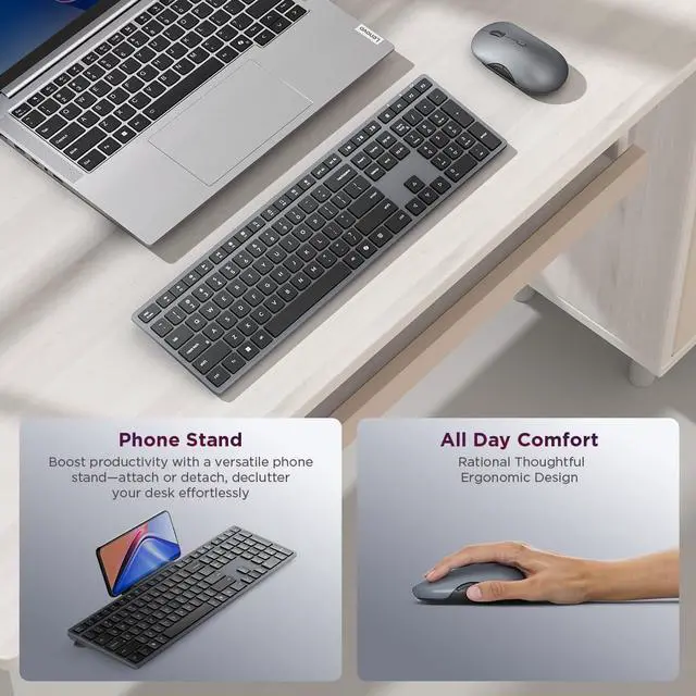 Alt view image 6 of 7 - 700 Modern Wireless Keyboard & Mouse Combo, 2.4 GHz Dongle & Dual Bluetooth Connection, AES-128 Encryption, 36 Month Battery Life, Quiet Mouse, Luna Grey