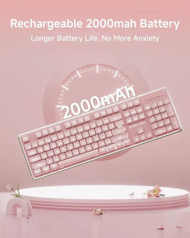 Alt view image 7 of 7 - V3 Wireless Keyboard and Mouse with Single Backlit, Metal Panel, Bluetooth/2.4G Rechargeable Computer Keyboard and Mouse Combo Silent Lighted Full Size Cute Keyboards-Pink