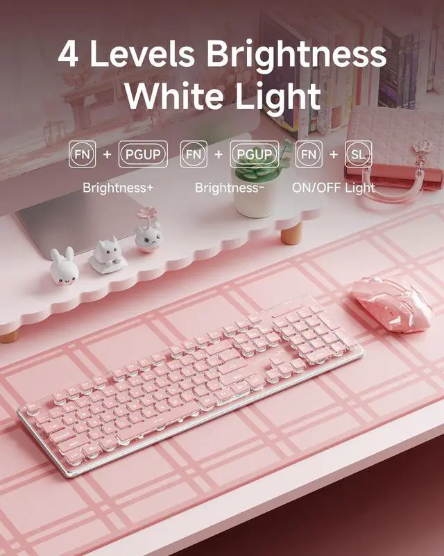 Alt view image 6 of 7 - V3 Wireless Keyboard and Mouse with Single Backlit, Metal Panel, Bluetooth/2.4G Rechargeable Computer Keyboard and Mouse Combo Silent Lighted Full Size Cute Keyboards-Pink