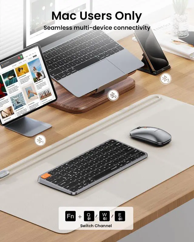 Alt view image 4 of 7 - Backlit Compact Bluetooth Keyboard and Mouse for Mac, KM90-A Multi-Device Wireless Keyboard Mouse for Mac, Quiet and Rechargeable, for MacBook Pro/Air, iPad - Space Gray