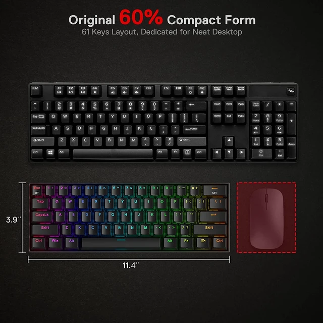 Alt view image 5 of 7 - Redragon K530 Pro Draconic 60% Wireless RGB Mechanical Keyboard, BT/2.4Ghz/Wired 3-Mode 61 Keys Compact Gaming Keyboard w/Hot-Swap Socket, Free-Mod Plate Mounted PCB & Linear Red Switch