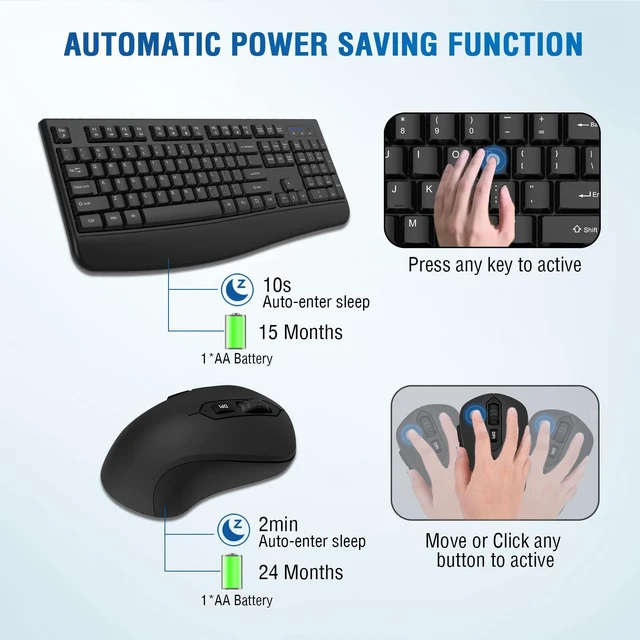 Alt view image 3 of 7 - QUASIO Wireless Keyboard Mouse Combo, Windows & Mac Compatible (2 Pack) | 2.4G USB plug & play, full-size keyboard with number pad, ergonomic, wrist rest, 3 DPI adjustable, for desktop/laptop/PC