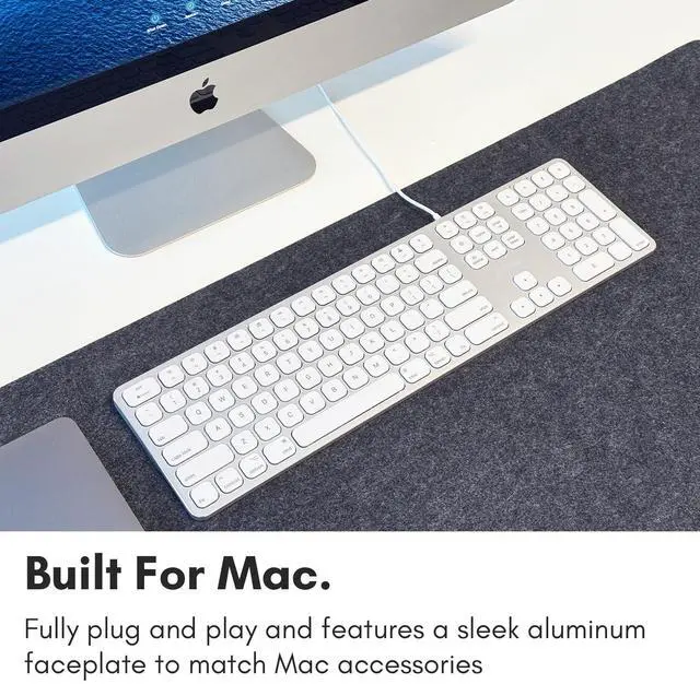 Alt view image 2 of 7 - Premium Wired Mac Keyboard with 2 Port Hub - Full Size with Numeric Keypad - Extended USB Keyboard for Mac mini/Pro, iMac, MacBook Pro/Air (Silver Aluminum)