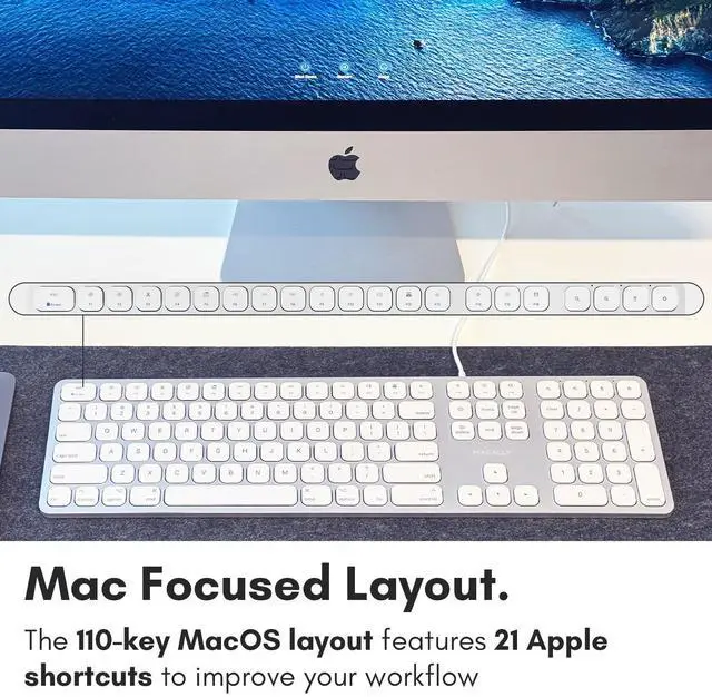 Alt view image 7 of 7 - Premium Wired Mac Keyboard with 2 Port Hub - Full Size with Numeric Keypad - Extended USB Keyboard for Mac mini/Pro, iMac, MacBook Pro/Air (Silver Aluminum)