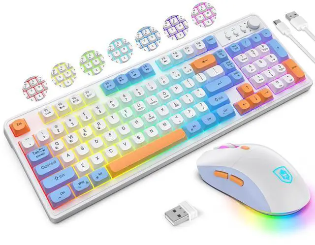 Main image of BT98 Wireless Keyboard and Mouse Combo,Triple Mode 2.4G/Wired/Bluetooth Gaming Keyboard and Mouse,Rechargeable Ergonomic RGB Backlit Light Up Keyboard Mouse with Knob for WinPC/Mac/Tablet White