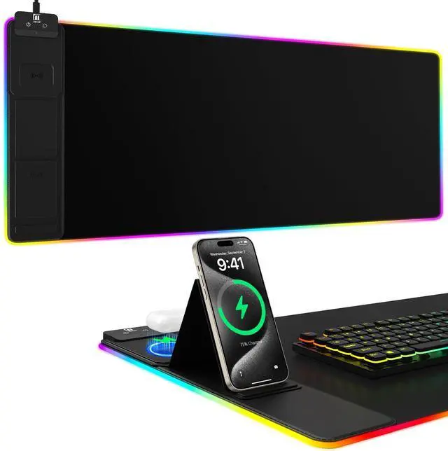 Main image of Mouse Pad with Phone Holder, Wireless Charging Desk Mat, RGB Gaming Mousepad Home Office Large Desk Pad with Ultra-Smooth Surface, Non-Slip Base, Waterproof Keyboard Pad, Classic Black Desk Mat