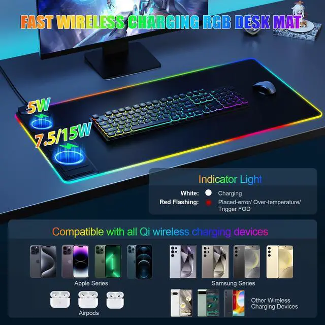 Alt view image 2 of 7 - Mouse Pad with Phone Holder, Wireless Charging Desk Mat, RGB Gaming Mousepad Home Office Large Desk Pad with Ultra-Smooth Surface, Non-Slip Base, Waterproof Keyboard Pad, Classic Black Desk Mat