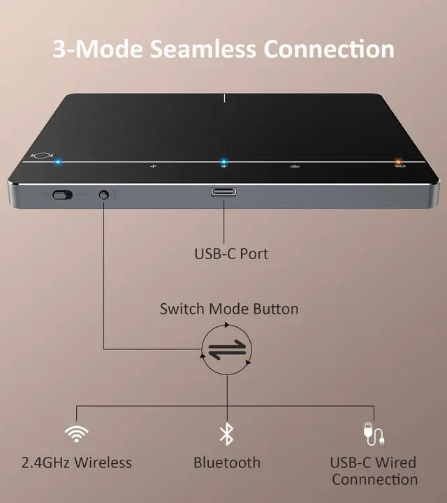 Alt view image 4 of 7 - Wireless Bluetooth Trackpad for Windows 10 & 11, 3-in-1 Connectivity Modes, High Precision Control, Portable Multi-Touch Gestures touchpad for PC & Laptop (Black)