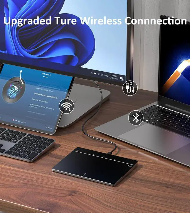 Alt view image 7 of 7 - Wireless Bluetooth Trackpad for Windows 10 & 11, 3-in-1 Connectivity Modes, High Precision Control, Portable Multi-Touch Gestures touchpad for PC & Laptop (Black)