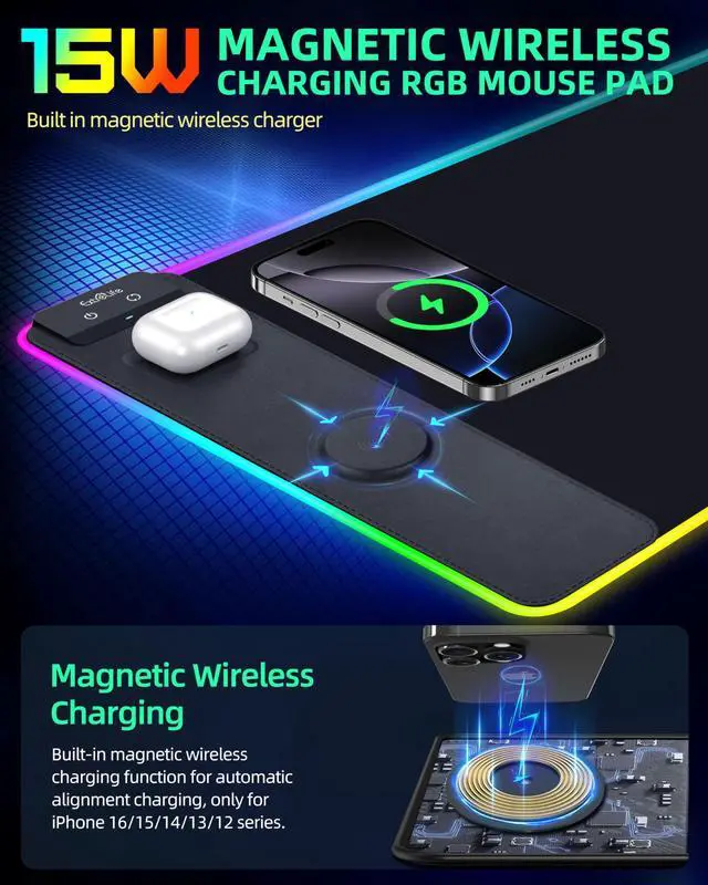 Alt view image 2 of 7 - Wireless Charging Mouse Pad, RGB Gaming Mousepad, 31.5"x15.7" Extra Large Desk Pad, 13 Light Modes, Ultra-Smooth Surface, Non-Slip Base, Waterproof Computer Keyboard Mat for MacBook, PC, Laptop, Black