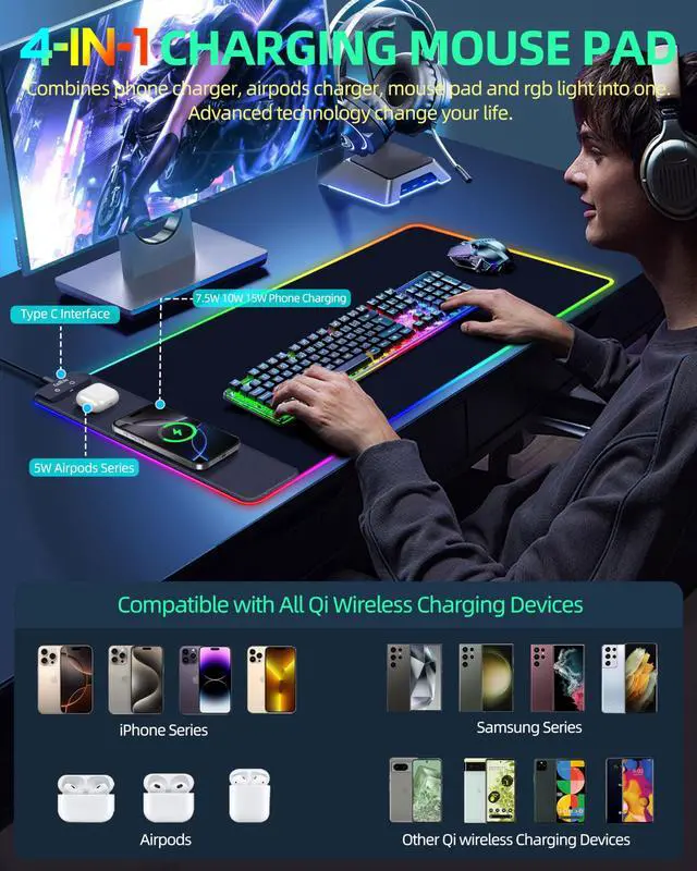 Alt view image 3 of 7 - Wireless Charging Mouse Pad, RGB Gaming Mousepad, 31.5"x15.7" Extra Large Desk Pad, 13 Light Modes, Ultra-Smooth Surface, Non-Slip Base, Waterproof Computer Keyboard Mat for MacBook, PC, Laptop, Black