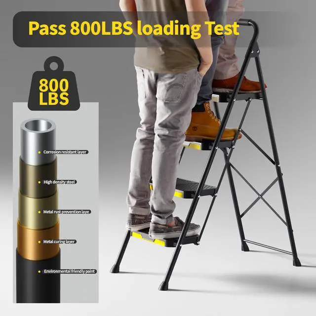 Alt view image 3 of 7 - 4 Step Ladder, Sturdy Steel Step Stool with Safe-Lock Design, Handrail, Anti-Slip Wide Pedals, Pass 800lbs Load Testing, Folding Portable Ladder for Multi-Purpose, Home, Kitchen, Black