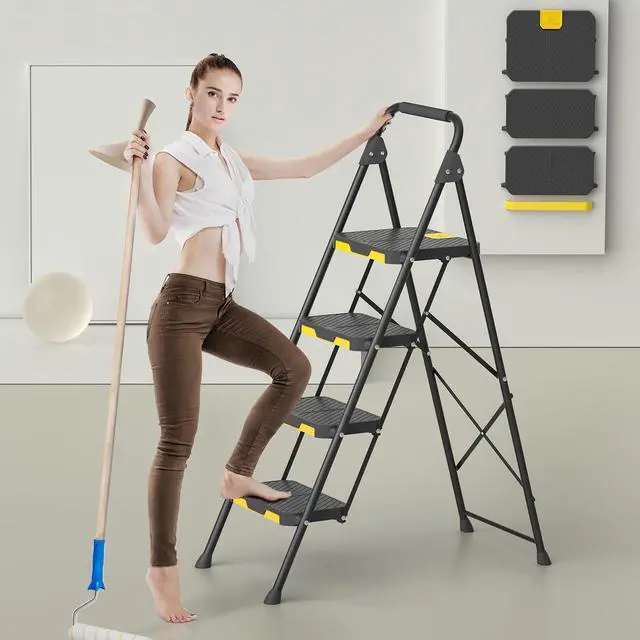 Alt view image 2 of 7 - 4 Step Ladder, Sturdy Steel Step Stool with Safe-Lock Design, Handrail, Anti-Slip Wide Pedals, Pass 800lbs Load Testing, Folding Portable Ladder for Multi-Purpose, Home, Kitchen, Black