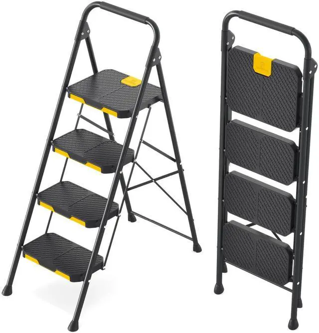 Main image of 4 Step Ladder, Sturdy Steel Step Stool with Safe-Lock Design, Handrail, Anti-Slip Wide Pedals, Pass 800lbs Load Testing, Folding Portable Ladder for Multi-Purpose, Home, Kitchen, Black