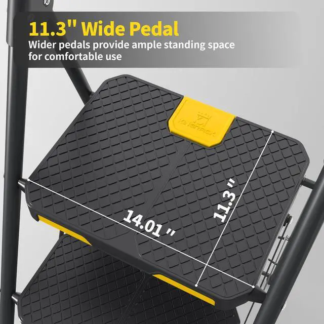 Alt view image 5 of 7 - 4 Step Ladder, Sturdy Steel Step Stool with Safe-Lock Design, Handrail, Anti-Slip Wide Pedals, Pass 800lbs Load Testing, Folding Portable Ladder for Multi-Purpose, Home, Kitchen, Black