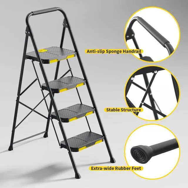 Alt view image 7 of 7 - 4 Step Ladder, Sturdy Steel Step Stool with Safe-Lock Design, Handrail, Anti-Slip Wide Pedals, Pass 800lbs Load Testing, Folding Portable Ladder for Multi-Purpose, Home, Kitchen, Black