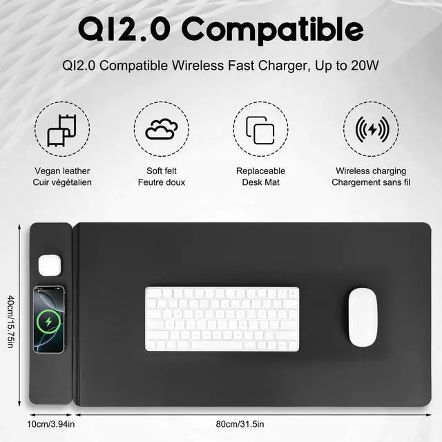 Alt view image 3 of 7 - Wireless Charging Mouse Pad, QI2 Compatible Dual Fast Charger, Replaceable Felt & Leather Desk Mat, for Office & Gaming, Large Surface, iPhone & Android Compatible (Felt)