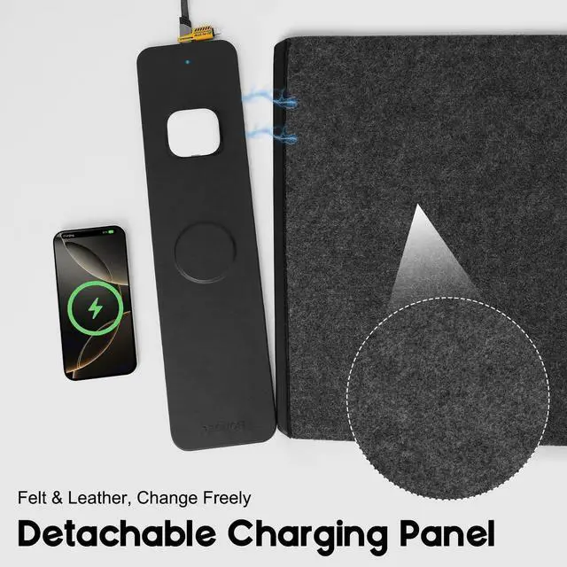 Alt view image 4 of 7 - Wireless Charging Mouse Pad, QI2 Compatible Dual Fast Charger, Replaceable Felt & Leather Desk Mat, for Office & Gaming, Large Surface, iPhone & Android Compatible (Felt)