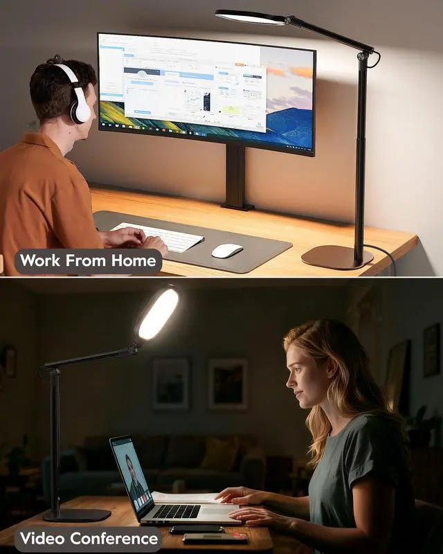 Alt view image 2 of 7 - Led Desk Lamps for Home Office with Base, Tall Desk Lamp with 50 Light Modes & Memory and Timer Func Computer Light, Flexible Adjustable Table Lamps for Video Conference, Architect or Study( Black)