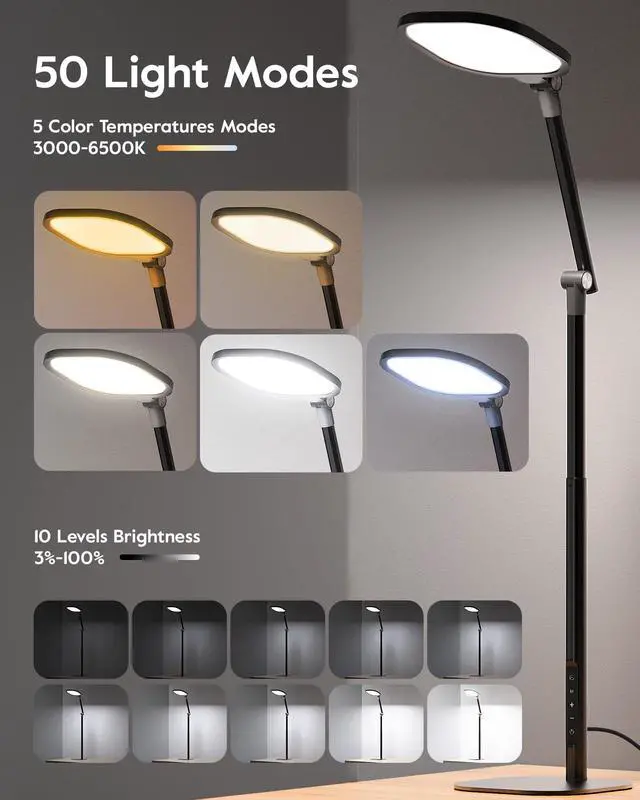 Alt view image 4 of 7 - Led Desk Lamps for Home Office with Base, Tall Desk Lamp with 50 Light Modes & Memory and Timer Func Computer Light, Flexible Adjustable Table Lamps for Video Conference, Architect or Study( Black)