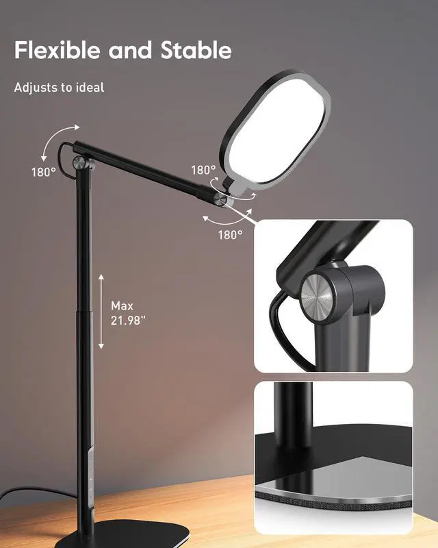 Alt view image 6 of 7 - Led Desk Lamps for Home Office with Base, Tall Desk Lamp with 50 Light Modes & Memory and Timer Func Computer Light, Flexible Adjustable Table Lamps for Video Conference, Architect or Study( Black)