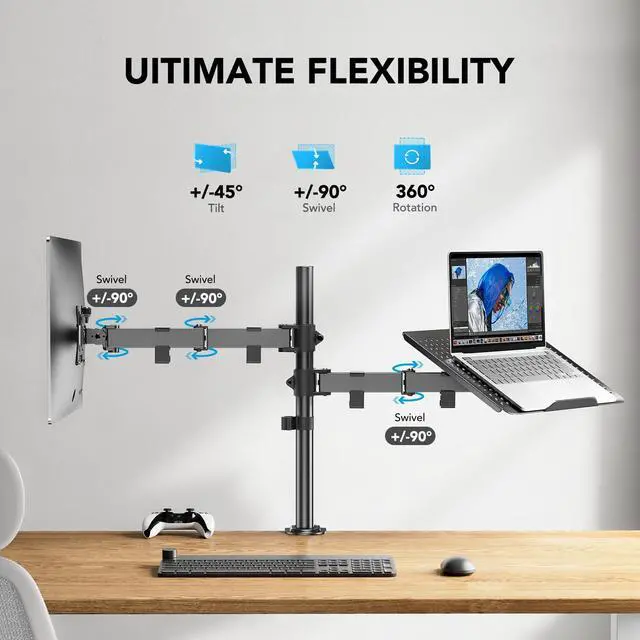 Alt view image 4 of 7 - Adjustable Monitor Stand, Single Arm Desk Mount for 32 inch Screen and 17 inch Laptop, Heavy Duty Ergonomic Bracket Holds 22lbs