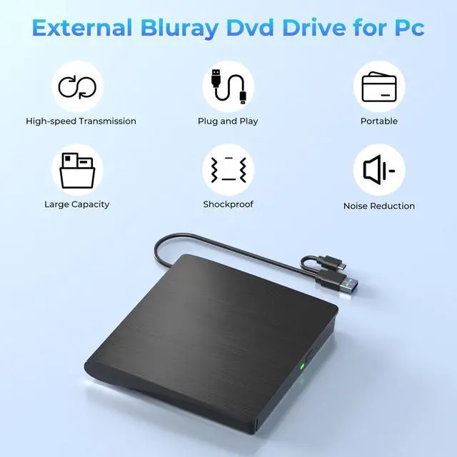 Alt view image 2 of 7 - External Blu Ray Drive, Support 50G Disc Read/Write Bluray Drives, Portable 3D Blu Ray Burner with USB 3.0 and Type-C, Blu Ray Reader Suitable for Windows XP/7/8/10/11 MacOS for Laptop, Desktop, Mac