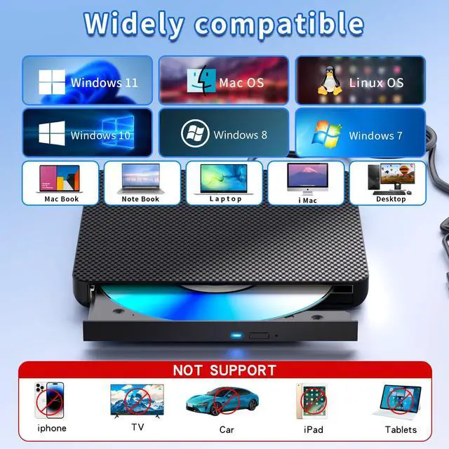 Alt view image 5 of 6 - External Compatible Blu ray Drive Player Read/Write Compatible Bluray Burner Compatible USB 3.0 and Type-C DVD Burner Blu-ray/DVD/CD, BD Drive, Windows 7-11 & Mac, PC M-DISCBlack