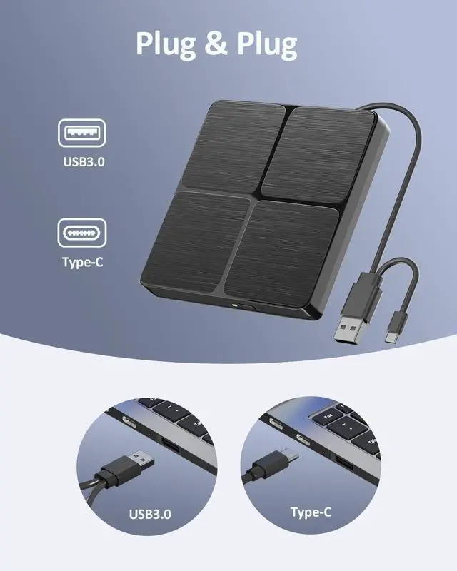 Alt view image 3 of 7 - External Blu ray Drive, USB 3.0 & Type C Bluray Burner, External Blueray/DVD Drive for PC, External CD DVD Blu Ray Reader Writer Compatible with Windows XP/7/8/10/11, Linux, Mac OS