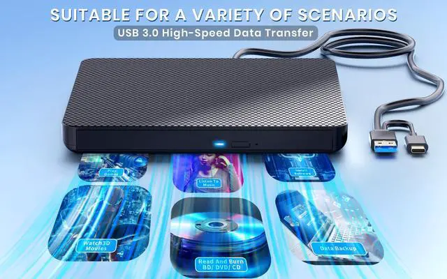 Alt view image 5 of 7 - External Blu ray Drives Player Read/Write Compatible Bluray Burner Compatible USB 3.0 and Type-C DVD Burner blu ray Player for pc, Windows 7-11 & Mac, Black