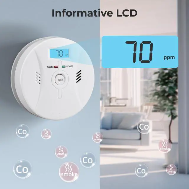 Alt view image 4 of 7 - Smoke and Carbon Monoxide Detector, Combination Smoke Alarm and Carbon Monoxide Detector Battery Powered, CO Detector Alarm with Sensitive Sensor, Sound Warning and LCD Display, CDR-803