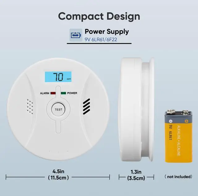 Alt view image 6 of 7 - Smoke and Carbon Monoxide Detector, Combination Smoke Alarm and Carbon Monoxide Detector Battery Powered, CO Detector Alarm with Sensitive Sensor, Sound Warning and LCD Display, CDR-803