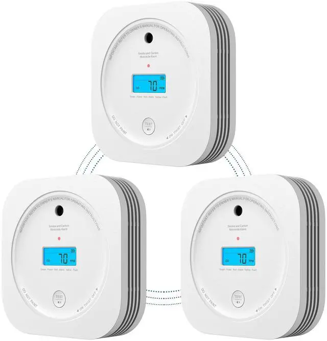 Main image of Interlinked Smoke Carbon Monoxide Detector Combo, Smoke and CO Detector Battery Powered, Wireless Interconnected Smoke and CO Alarm, Digital Display, SC-RF200, 3-Pack