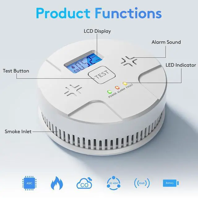 Alt view image 2 of 7 - 5 Packs,Smoke Detector Carbon Monoxide Detector Combo,2-in-1 Detection,85 dB Alarm,LED Indication,LCD Digital Displays,Battery Operated,(Includes 3 x 1.5V AA Batteries),Easy to Install,Portable Use