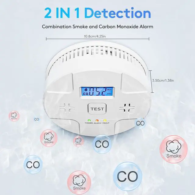 Alt view image 4 of 7 - 5 Packs,Smoke Detector Carbon Monoxide Detector Combo,2-in-1 Detection,85 dB Alarm,LED Indication,LCD Digital Displays,Battery Operated,(Includes 3 x 1.5V AA Batteries),Easy to Install,Portable Use