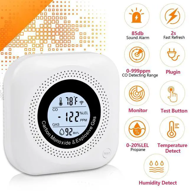 Alt view image 4 of 7 - Carbon Monoxide Detectors, 2Pack 4-in-1 Natural Gas Leak Detector, Portable Carbon Monoxide Detector, Plug in Wall with AC Socket and Temperature & Humidity Monitoring for RV, Home, Hotel (White)