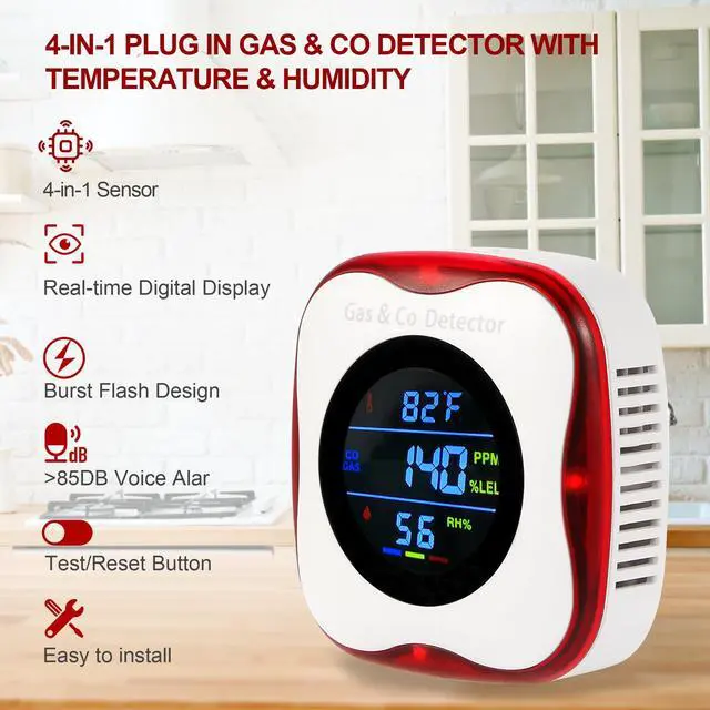 Alt view image 4 of 6 - 2 Packs Plug in Gas & Carbon Monoxide Detectors, 4-in-1 Natural Gas Leak Detector,Carbon Monoxide Alarm,4 Sensor °F&Humidity,CO & Propane Detector for Home,RV