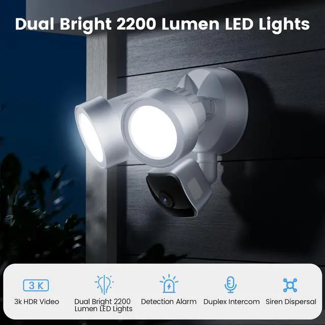 Alt view image 2 of 7 - Wired Floodlight Camera | Home Security Flood Light Camera Outdoor with 3K UHD | 2200-Lumen | Motion Sensor, Weatherproof, Color Night Vision, 105dB Siren, 270º Wide View, 2-Way Audio (2025)