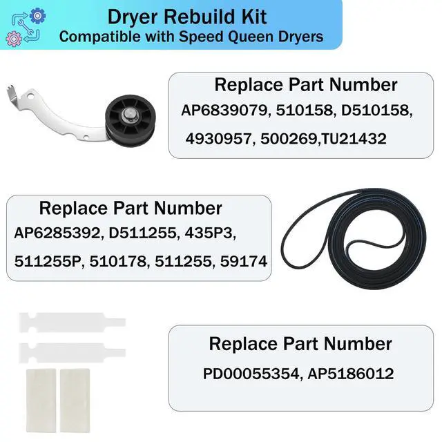 Alt view image 5 of 7 - Dryer Repair Kit with RB170002 Dryer Roller Kit & D511255P Dryer Cylinder Belt & RB170003 Dryer Drum Glide Kit & D516792 Dryer ldler Pulley - Compatible with Speed Queen 1992 and Newer Dryer