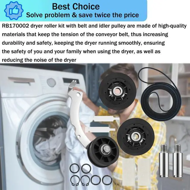 Alt view image 7 of 7 - Dryer Repair Kit with RB170002 Dryer Roller Kit & D511255P Dryer Cylinder Belt & RB170003 Dryer Drum Glide Kit & D516792 Dryer ldler Pulley - Compatible with Speed Queen 1992 and Newer Dryer
