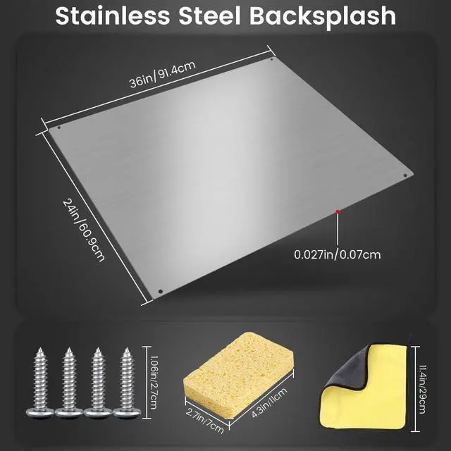 Alt view image 3 of 7 - 36x 24 Stainless Steel Stove Backsplash, Range Hoods Backsplash Wall Shield Metal Panel, Ultra Flat Splatter Guard for Stovetop, Stainless Steel Sheet with 4 Pre Drilled Holes for Easy Installation