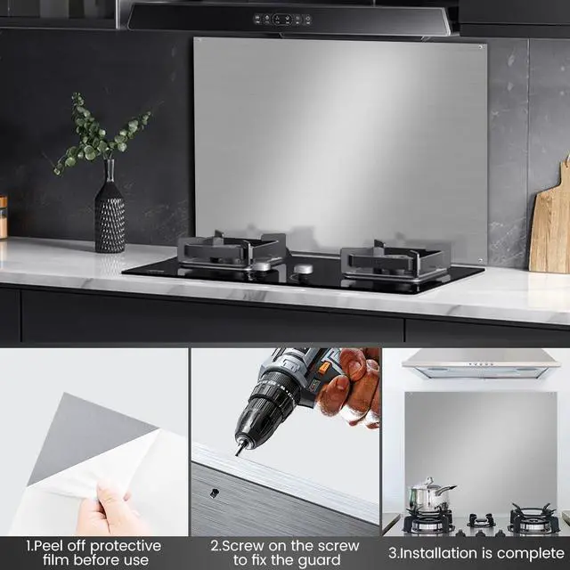 Alt view image 5 of 7 - 36x 24 Stainless Steel Stove Backsplash, Range Hoods Backsplash Wall Shield Metal Panel, Ultra Flat Splatter Guard for Stovetop, Stainless Steel Sheet with 4 Pre Drilled Holes for Easy Installation