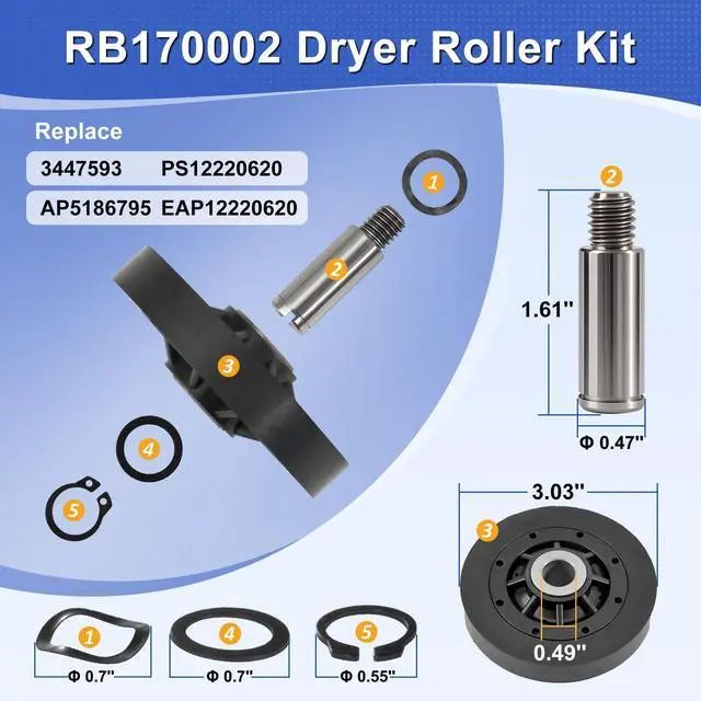 Alt view image 3 of 7 - Upgraded Dryer Rebuild Kit Compatible with Speed Queen 1992 & Newer SM, Include RB170002 Dryer Roller Kit & D516792 Dryer ldler Pulley & D511255P Dryer Cylinder Belt & RB170003 Dryer Drum Glide Kit